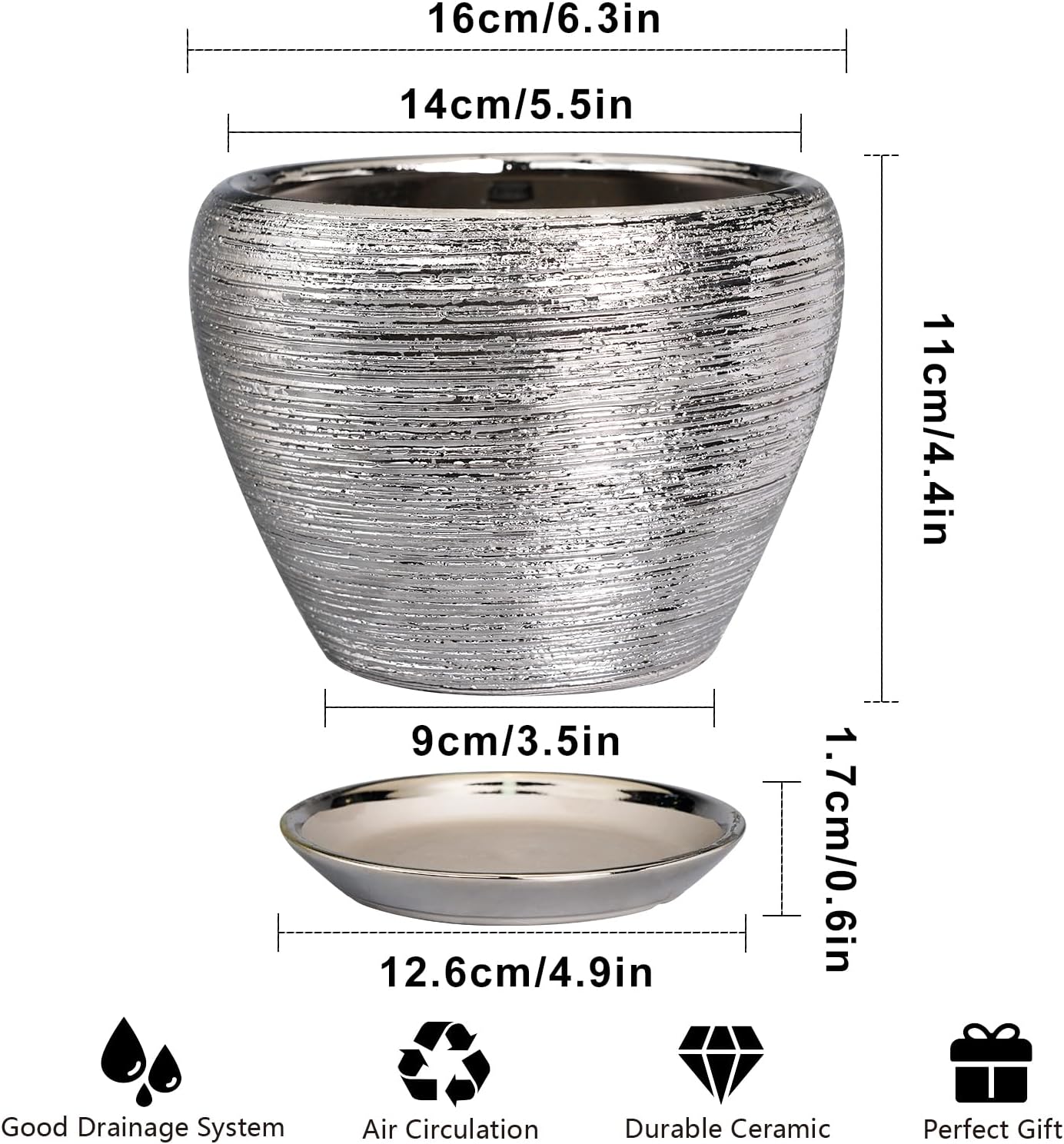 Ceramic Modern Glaze Succulent Planter Pot with Drainage Hole and Saucer 6 Inch Round Flower Plant Pot for Indoor Outdoor Herb Snake Plants