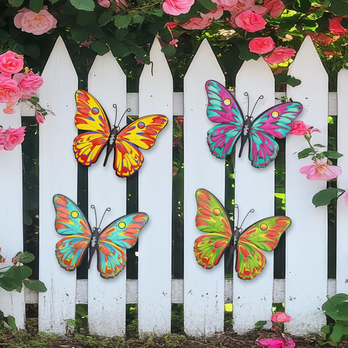 Metal Butterfly Wall Decor - 9.6" Outdoor Fence Wall Art Decor, Hanging Decoration for Garden Yard Living Room Bedroom Patio Balcony(4 Pack)
