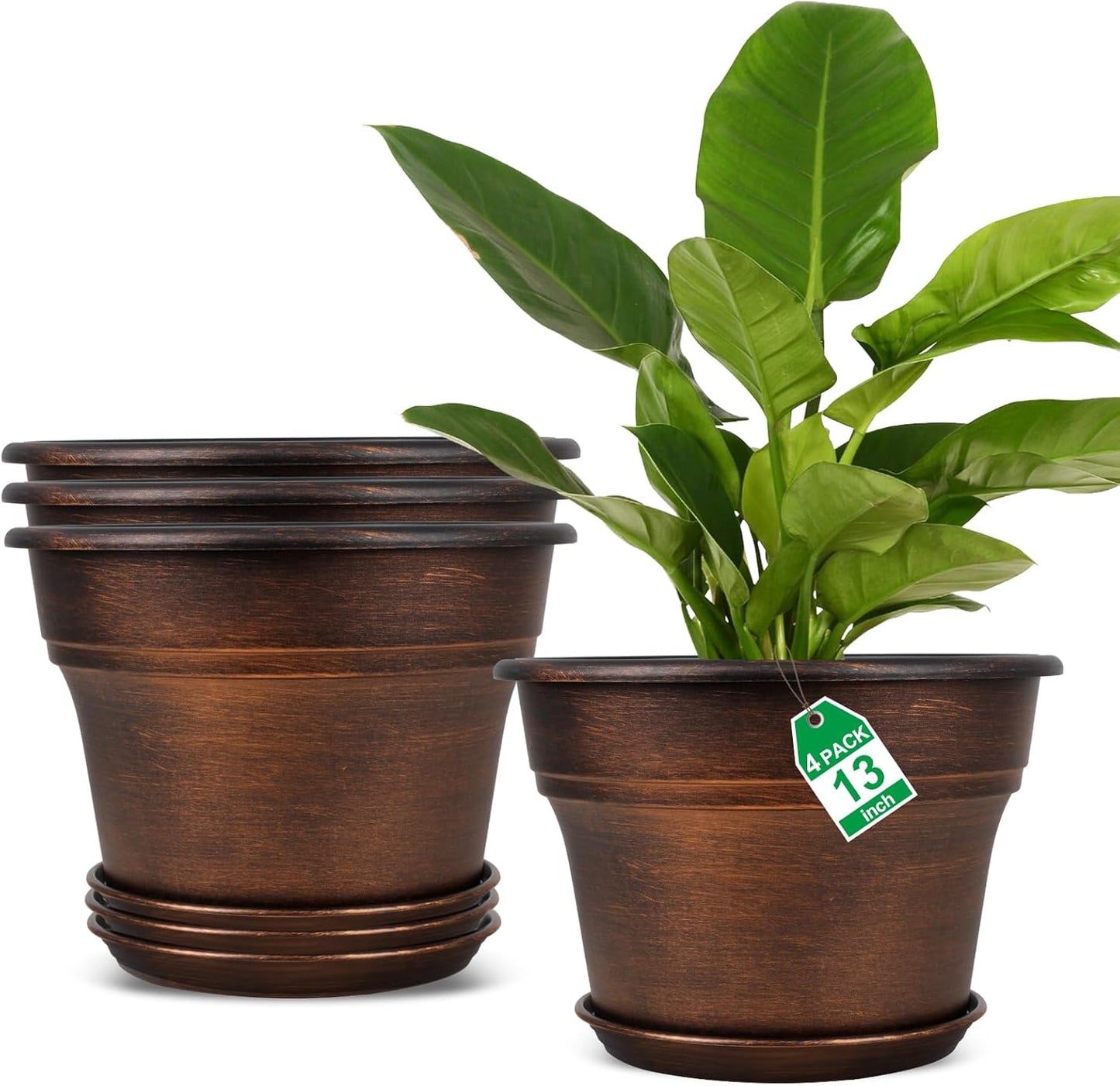Fodetyff 10 Inch Planters Plant Pots Indoor Outdoor, 4 Pack Plastic Flower Pot for Indoor Plants with Drainage Holes & Trays, Resin Decorative Container Sets with Saucer for House Garden Copper