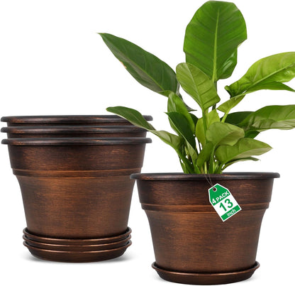 Fodetyff 10 Inch Planters Plant Pots Indoor Outdoor, 4 Pack Plastic Flower Pot for Indoor Plants with Drainage Holes & Trays, Resin Decorative Container Sets with Saucer for House Garden Copper