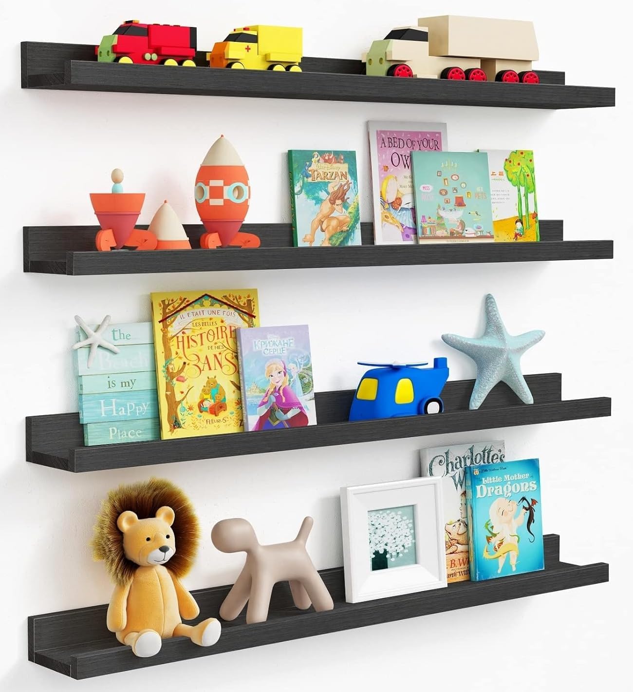 Forbena 36 Inch Floating Shelves for Wall 4-Pack, Large Nursery Book Shelves Bookshelf for Kids Bedroom, Long Picture Ledge Shelf with Lip for Living Room Photo Frames Art Display (White Solid Wood)