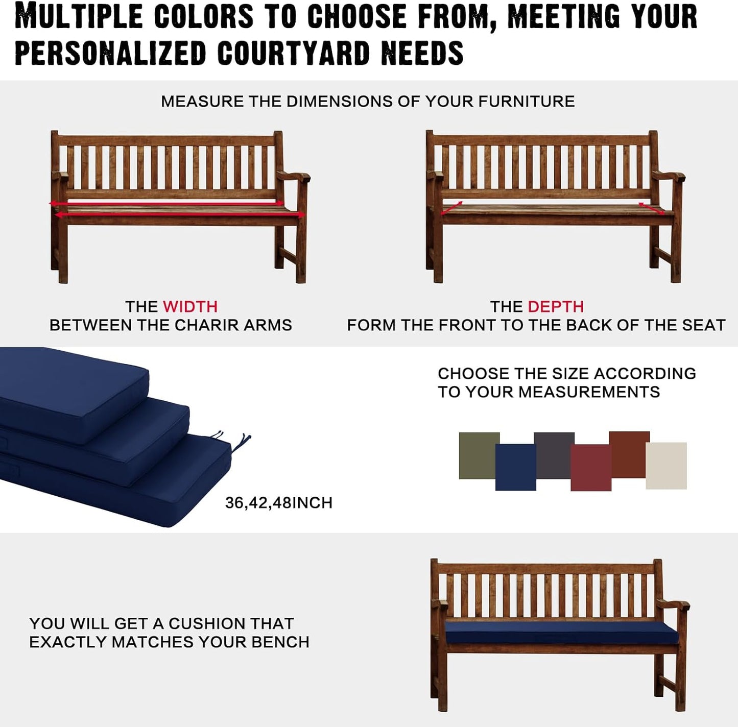 Outdoor Bench Cushion 48x18 Inch Waterproof with Memory Foam,Patio Bench Cushions for Outdoor/Indoor Furniture Porch Swing Cushion with Handle and Adjustable Strap,Navy Bule