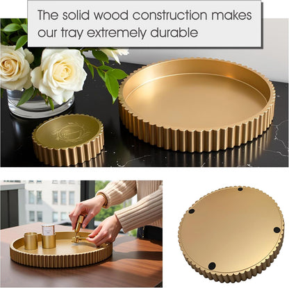 Modern Table Round Decorative Trays 2pcs Home Decor - Circle Coffee Table Centerpiece Set 12"/10" - Wooden Cool Grey Ottoman Tray with Fluted Edge