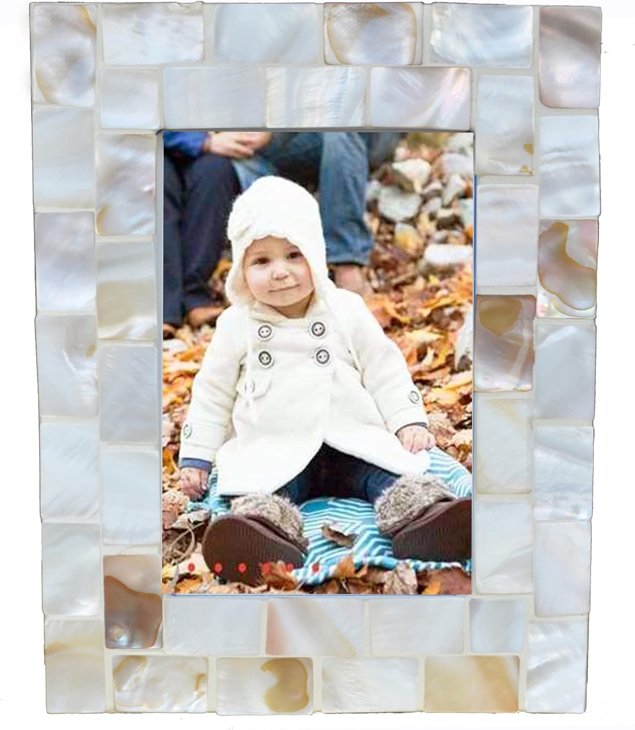 Silver Plate Picture Frame 5x7 Mother of Pearl 5 by 7 Photo Frame Mosaic Glass Tabletop Frame (Grey+ White,1pc)