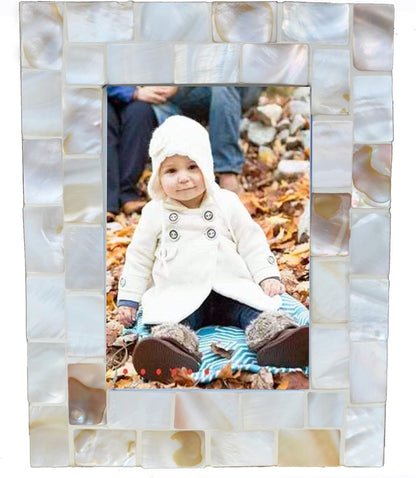 Silver Plate Picture Frame 5x7 Mother of Pearl 5 by 7 Photo Frame Mosaic Glass Tabletop Frame (Grey+ White,1pc)