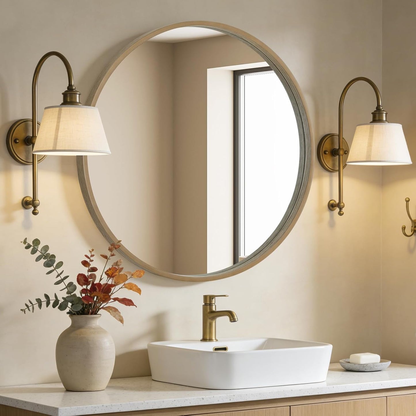 WallBeyond Wood Round Mirror with Wood Frame 24 inch Circle Wall Mirror for Bathroom Round Wall Mirror for Wall Decor, Vanity, Entryway Living Room (Walnut)