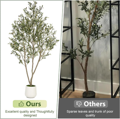 VIVATREES Olive Trees Artificial Indoor, 6FT Tall Faux Olive Tree with White Tall Planter, Artificial Plants with Natural Wood Trunk and Lifelike Fruits for Home Office Decor