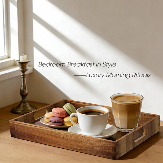 Acacia Serving Trays - 2 Pack, Acacia Wood Serving Platterss, Wood Serving Tray, Decorative Trays for Breakfast, Brunch, Dinner, Coffee Table, Party, Kitchen-M