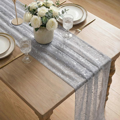 Artoid Mode Beige Gold Gauze Table Runner 120 Inch 10FT, Glitter Metallic Foil Sheer Dining Wedding Anniversary Holiday Birthday Table Decor for Home Party
