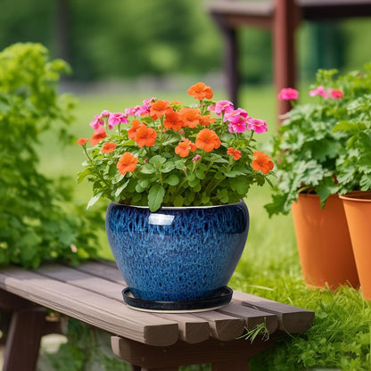 6 Inch Plant Pot - Ceramic Pots for Plants with Drainage Hole and Saucer, Round Succulent Planter Indoor Outdoor, Modern Flower Pot for Snake Plants, Home Decor, Gifts for Plant Lover, Blue