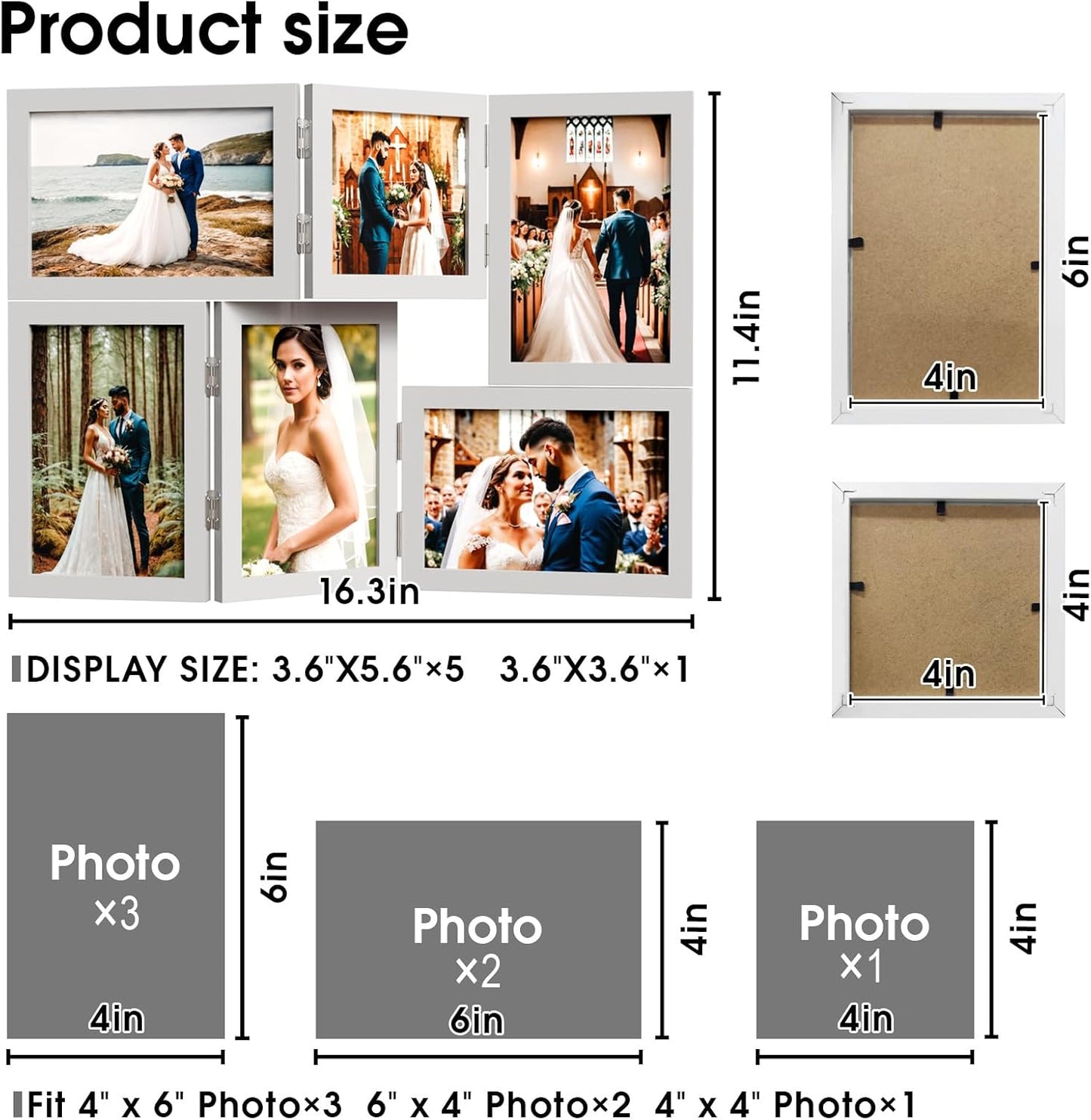 WARM&LOVE 6 Picture Frame, 4x6 & 4x4 Six Folding Hinged Photo Frames, Rustic Wood Desk Family Photo Collage Stand Vertical on Tabletop for Birthday Family Lover Gift (Black)