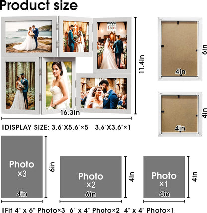 WARM&LOVE 6 Picture Frame, 4x6 & 4x4 Six Folding Hinged Photo Frames, Rustic Wood Desk Family Photo Collage Stand Vertical on Tabletop for Birthday Family Lover Gift (Black)