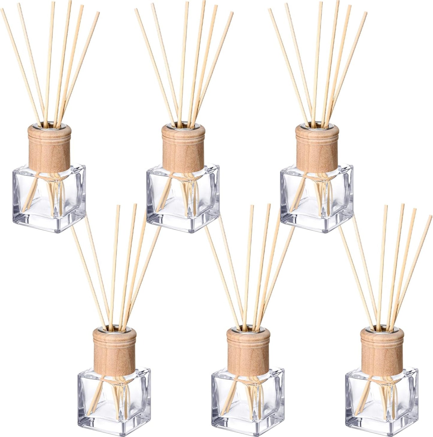 Roshtia 4 Set Reed Diffuser Bottle Empty Refillable Fragrance Glass Diffuser Bottles with Wooden Caps Rattan Sticks 50ml 1.7 oz Glass Jars for DIY Fragrance