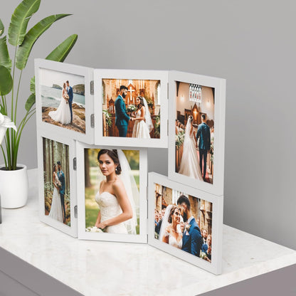 WARM&LOVE 6 Picture Frame, 4x6 & 4x4 Six Folding Hinged Photo Frames, Rustic Wood Desk Family Photo Collage Stand Vertical on Tabletop for Birthday Family Lover Gift (Black)