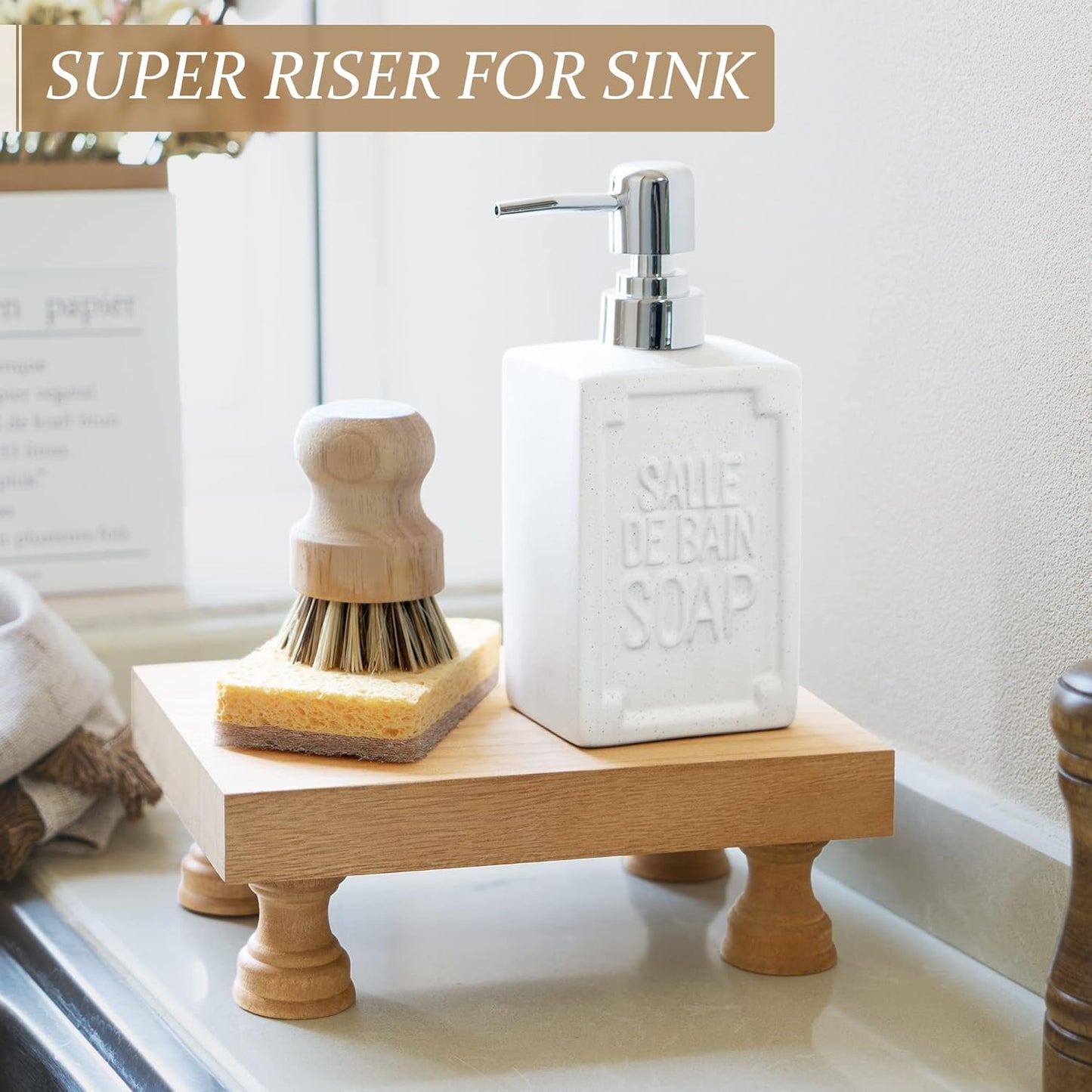 EOSAHR Farmhouse Riser for Room Decor : Decorative Pedestal Stand For Display Your Home Decorations and Uniquely Soap Stand - Rustic Bathroom Counter Tray and Kitchen Decor (Natural Wood)