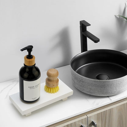 Black Bathroom Vanity Organizer Tray for Countertop Small Wooden Pedestal Stand Farmhouse Kitchen Sink Tray Decorative Hand Soap Dish Dispenser Holder Wood Risers Modern Bathroom Decor Accessories