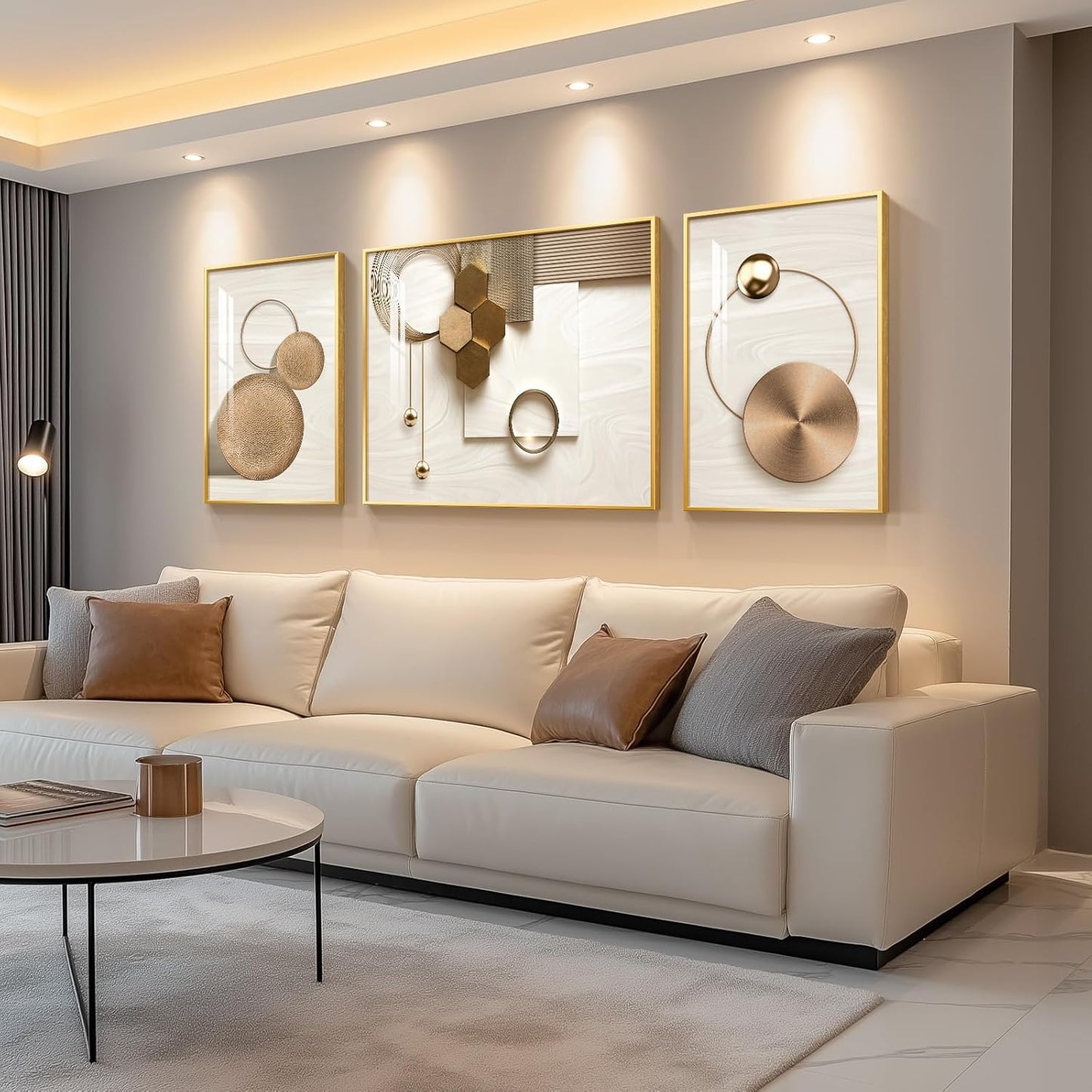 Framed Modern Luxury Gold Wall Art, Set of 3 Piece Contemporary Paintings Artwork for Walls, Golden Prints Pictures with Gold Frame, Wall Decor for Living Room, Hallway, Bedroom, Office 16x24 Inch