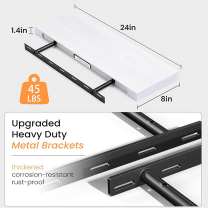 Floating Shelves 36 Inches Long - 8 Inch Deep Rustic Premium Solid Pine Wood for Storage - Farmhouse Wall Mounted for Living Room - Heavy-Duty Metal Bracket - 36" W x 8" D - Set of 2 - White Color