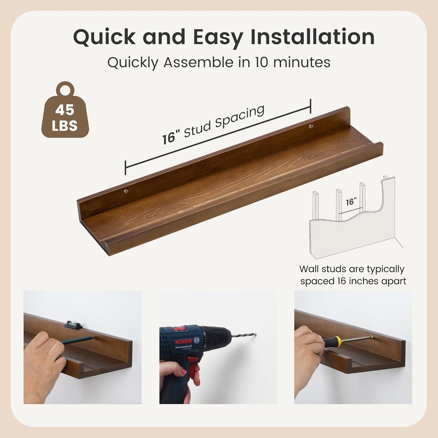 FLYJOE Picture Ledge Shelf, Floating Shelves Set of 2, Solid Pine Wood 55'' Long Large Nursery Book Shelves for Toys Storage, Kids Bookshelf for Living Room Bedroom Decor Books Photo Frames, Walnut