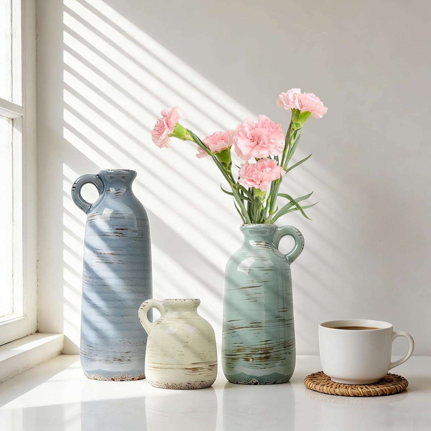 Modern Ceramic Vase Set of 5, Vases Home Decor Rustic Farmhouse Decorative Vase Pottery Vases for Bouquet Pampas Grass Dried Fresh Flowers, Table Living Room Kitchen Bedroom