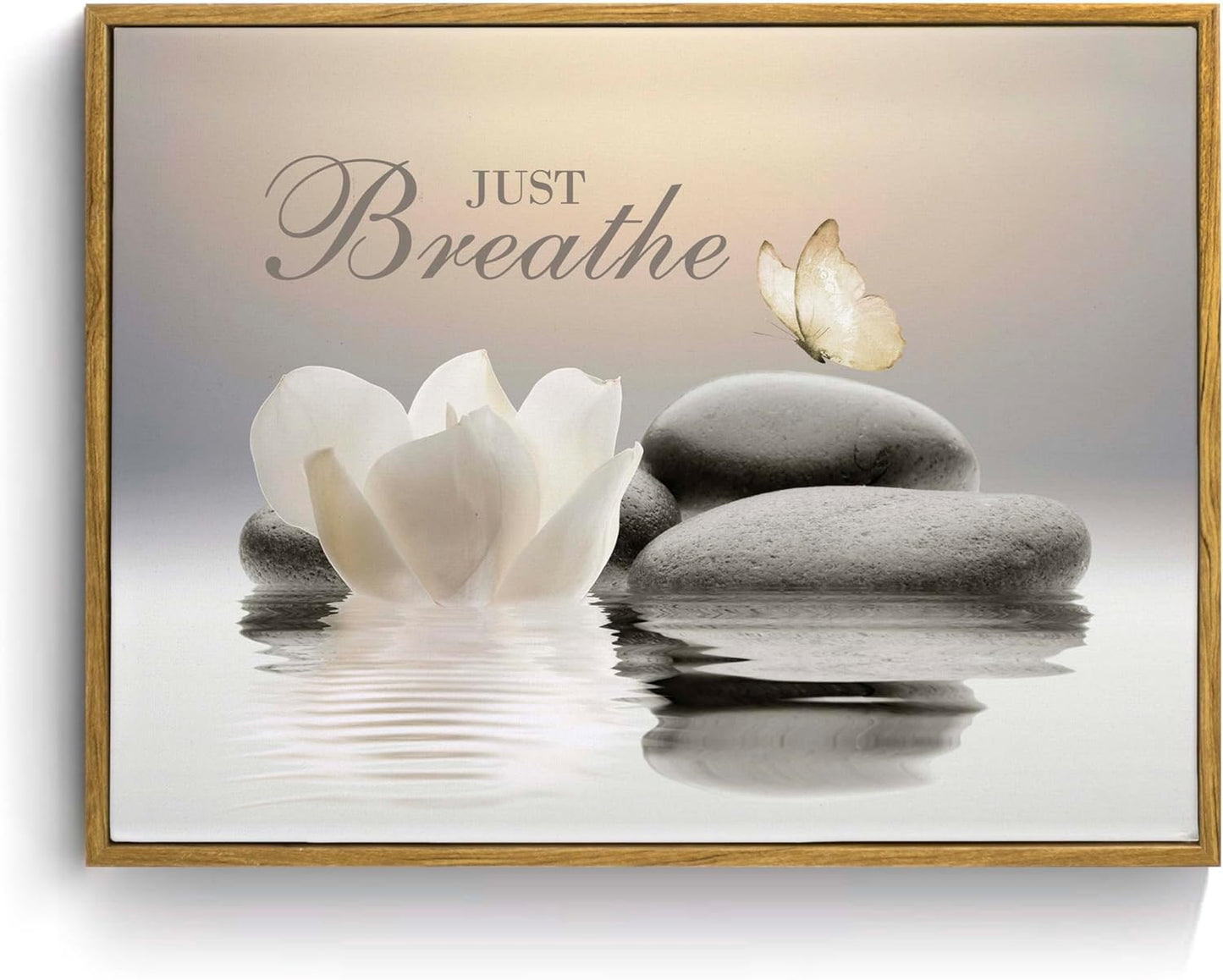 EOBTAIN Zen Flower Canvas Wall Art Bathroom Butterfly and Water Lily Stone Relaxing Spiritual Yoga Framed Wall Art Just Breathe Pictures Canvas Wall Decor for Living Room Bedroom,12x16 Inches