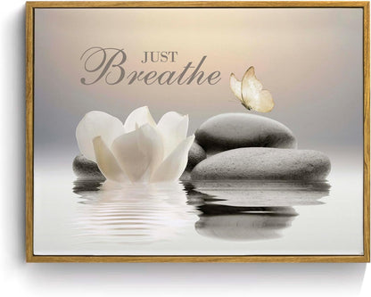 EOBTAIN Zen Flower Canvas Wall Art Bathroom Butterfly and Water Lily Stone Relaxing Spiritual Yoga Framed Wall Art Just Breathe Pictures Canvas Wall Decor for Living Room Bedroom,12x16 Inches
