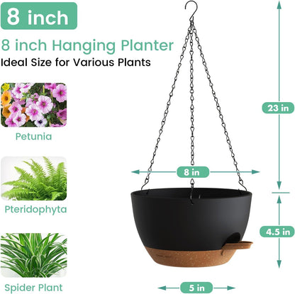 UOUZ Set of 3-10 Inch Self Watering Hanging Planters for Indoor Outdoor，Hanging Plant Pots with Drainage & Removable Tray, Hanging Pots Holder for Ivy, Pothos, Ferns, Balcony & Patio, Black with Brown