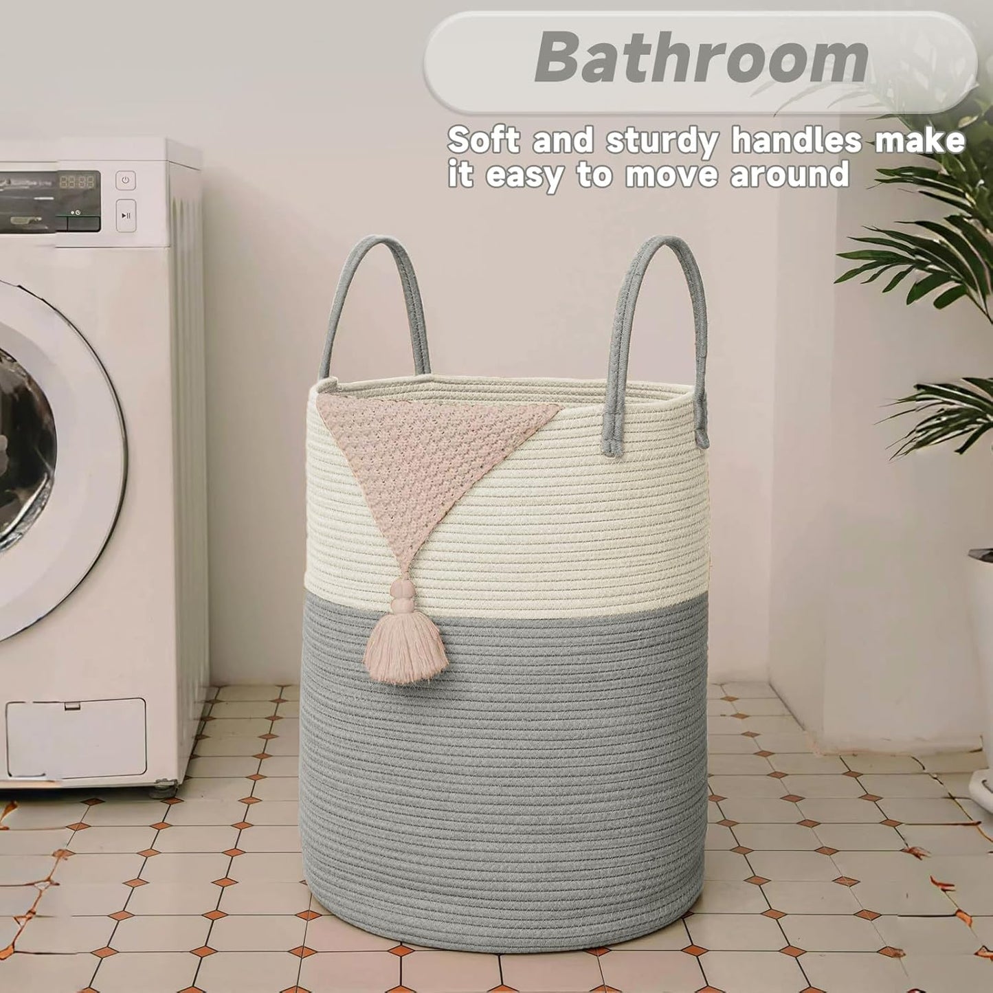 JMvicyroam Large Woven Laundry Basket Hamper,60L Cotton Rope Storage Bin for Blankets,Toys and Clothes,Decorative Tall Nursery Hamper for Living Room,Baby Nursery,Bathroom and Bedroom,Brown