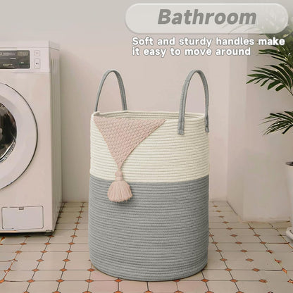 JMvicyroam Large Woven Laundry Basket Hamper,60L Cotton Rope Storage Bin for Blankets,Toys and Clothes,Decorative Tall Nursery Hamper for Living Room,Baby Nursery,Bathroom and Bedroom,Brown