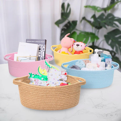 ABenkle Small Basket with Handles, Boho Decorative Rope Woven Dog Cat Toy Storage Bin Shelf Storage Organizer, Easter Christmas Gift Basket, 12"x8"x5", White