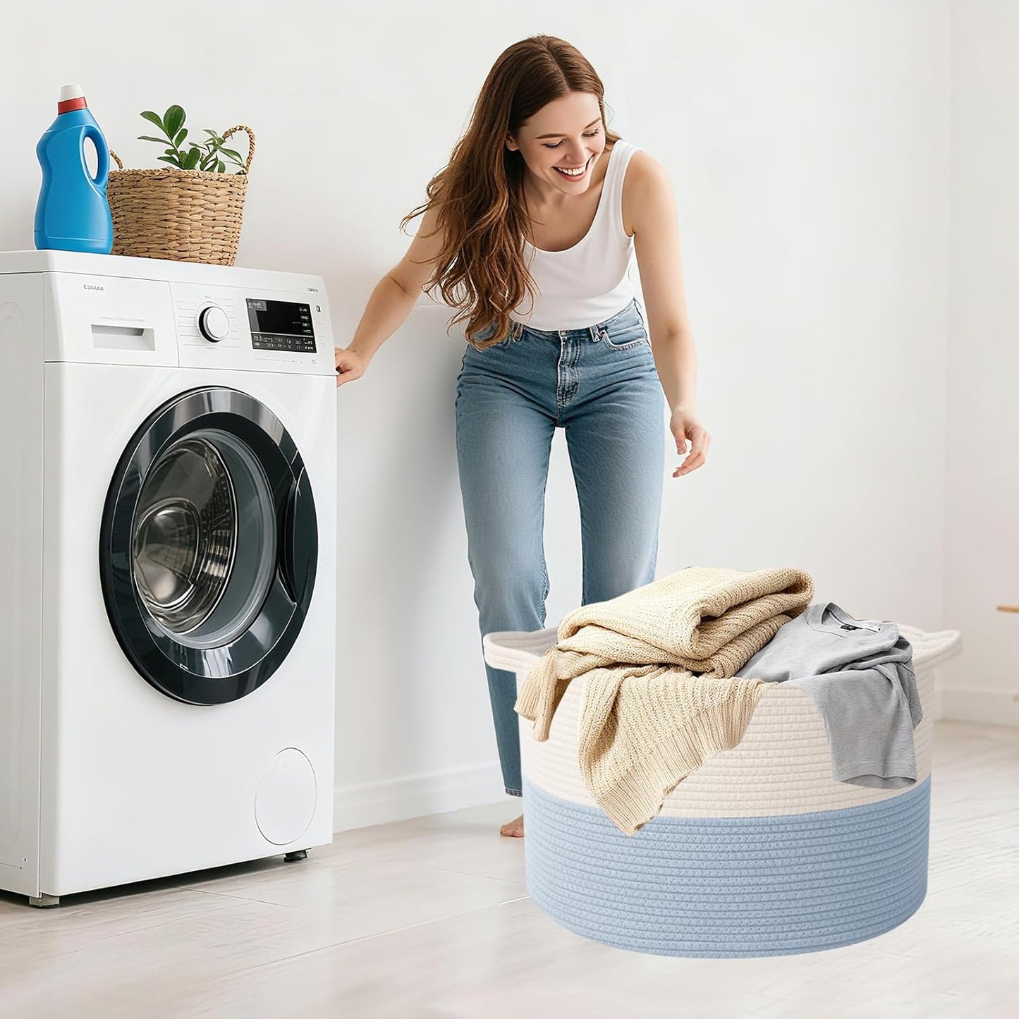 Large Woven Blanket Basket,65L Cotton Rope Laundry Basket Hamper with Handles, Decorative Nursery Basket Storage Bin for Toys, Clothes Organizer, Living Room, Bedroom, Bathroom, White & Brown