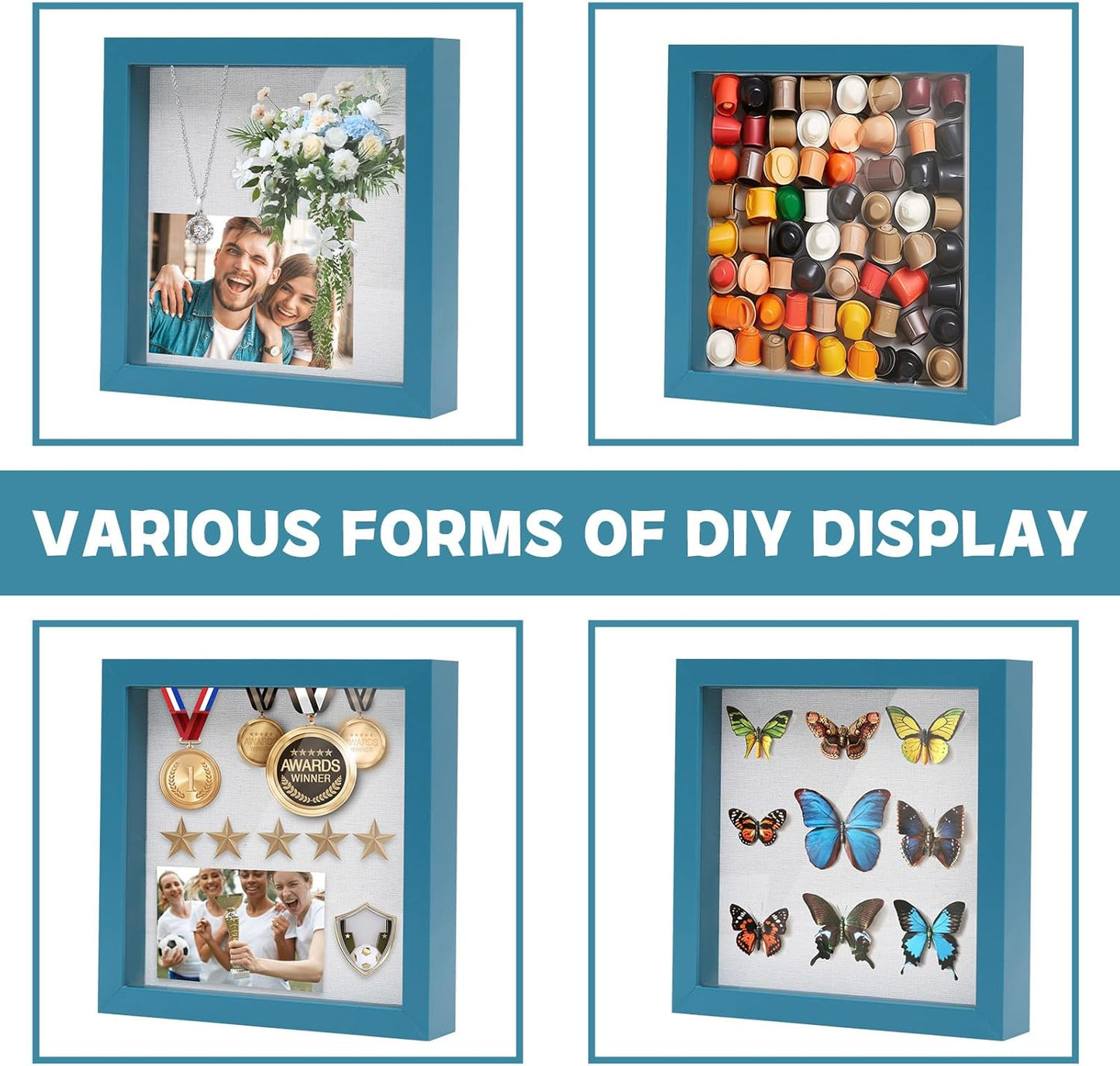 Muzilife 8x8 Shadow Box Picture Frame with Linen Board - Deep Wood & Glass Display Case Ready to Hang Memory Box Baby Sports Memorabilia, Pins, Awards, Medals, Wedding, Tickets and Photos (Black)
