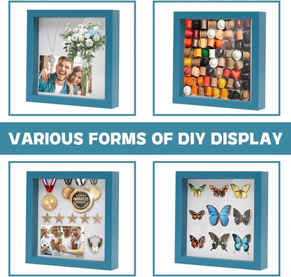 Muzilife 8x8 Shadow Box Picture Frame with Linen Board - Deep Wood & Glass Display Case Ready to Hang Memory Box Baby Sports Memorabilia, Pins, Awards, Medals, Wedding, Tickets and Photos (Black)