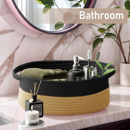 JMvicyroam Woven Basket,Small Rope Storage Bin with Handles & Ribbon Bag, Organizer for Shelves Closets,Gift Basket Empty for Birthday,Books,Dog Toys,White