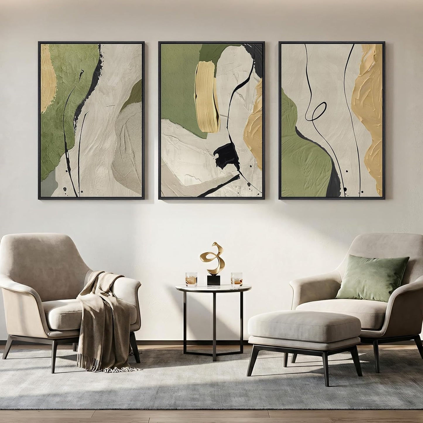 Large Framed Abstract Nature Landscape Wall Art for Living Room, Set of 3 Modern Canvas Prints Paintings Artwork for Walls, Green Lake Pictures for Hallway, Dining Room, Office Wall Decor 24x36 Inch