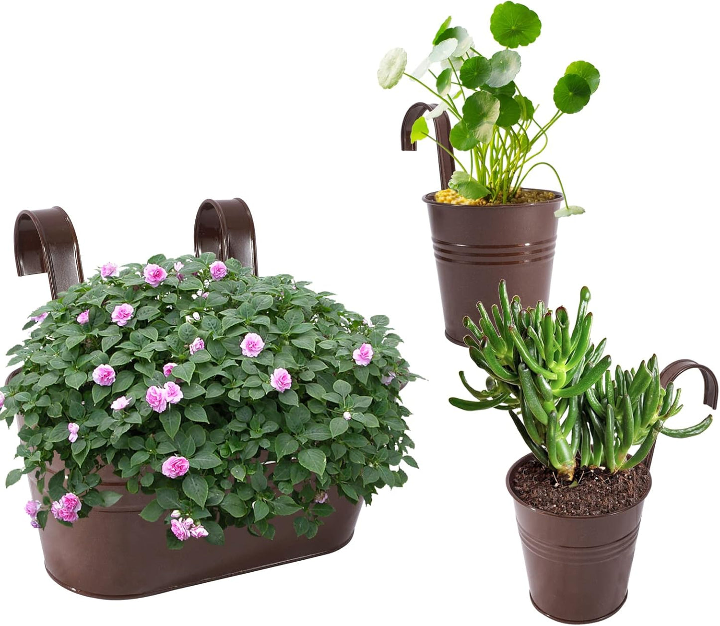HowRU Metal Iron Flower Pots for Railing Fence Hanging Bucket Pots(5 Pcs) and Hanging Flower Pots Metal Iron Bucket Planter(10 Pcs) (Black)