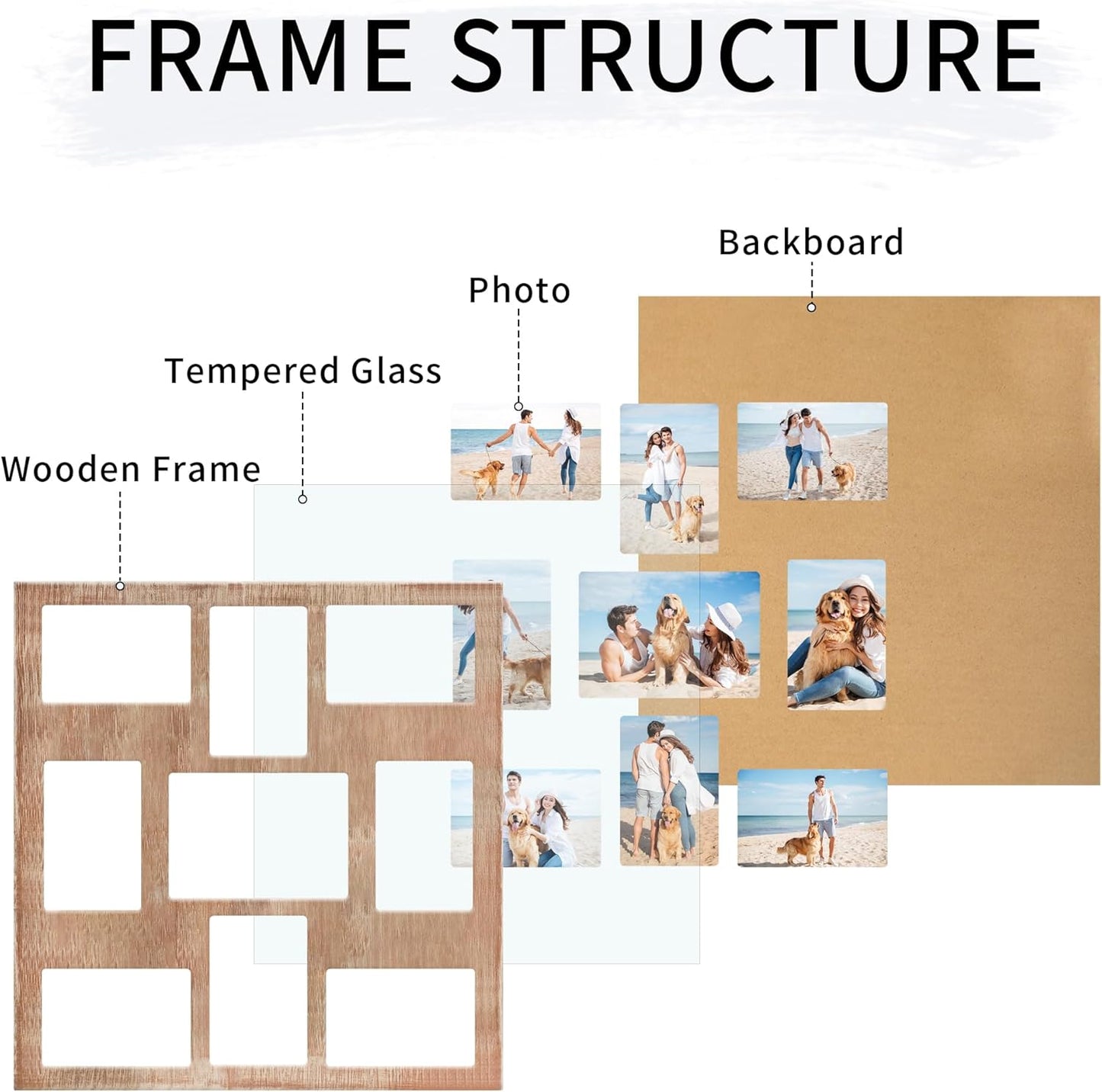 YESKAY 4x6 Picture Frame Collage for Wall Decor, Multiple Photo Collage Frames with Tempered Glass, 7-Opening for 4 x 6 Picture Frames, Rustic Brown, 1 Pack