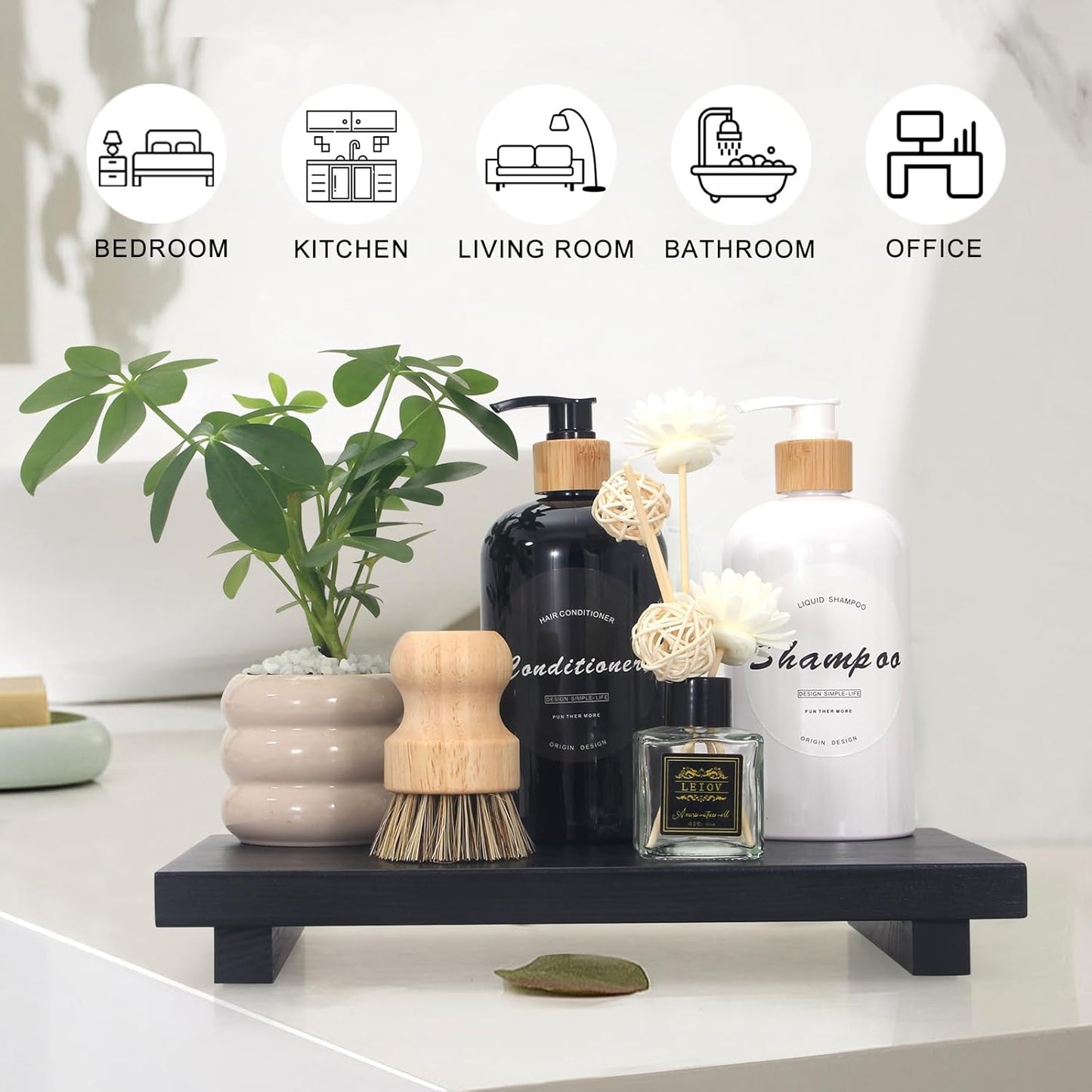 Black Bathroom Vanity Organizer Tray for Countertop Small Wooden Pedestal Stand Farmhouse Kitchen Sink Tray Decorative Hand Soap Dish Dispenser Holder Wood Risers Modern Bathroom Decor Accessories