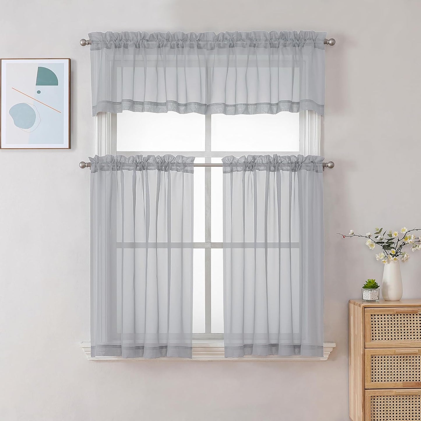 Chyhomenyc Sheer White Valances for Windows 2 Pack, Small Window Curtains for Living Room Bathroom Cafe Laundry Basement, Modern Top Dual Rod Pocket Voile Curtain, 42W x 14L inches, White - Colors B