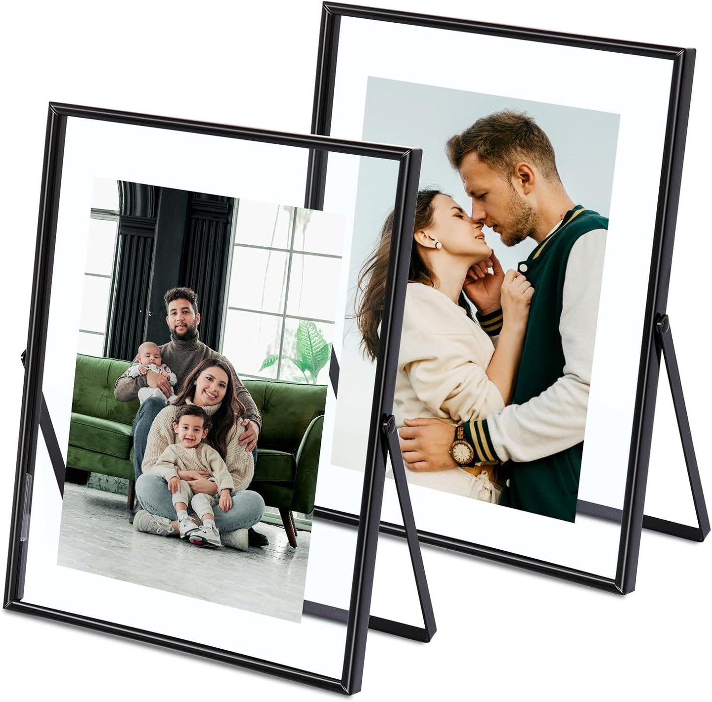Qiannhee 8x10 Floating Frames Set of 2, Double Glass Desktop Picture Frames, Holds Multiple Photo Sizes, Photo Frame with Metal Stand