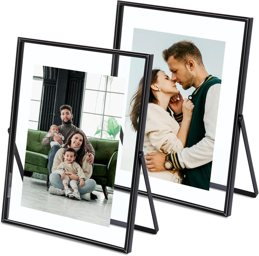 Qiannhee 8x10 Floating Frames Set of 2, Double Glass Desktop Picture Frames, Holds Multiple Photo Sizes, Photo Frame with Metal Stand