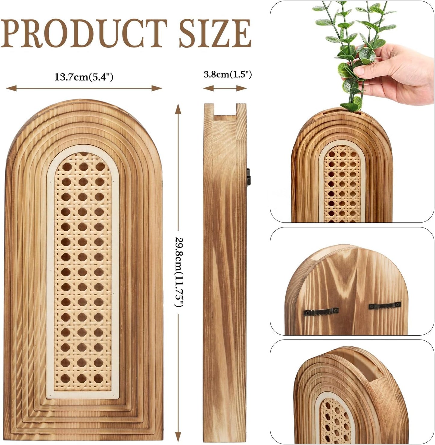 Dnnnii 2 Pack Wooden Wall Vase Set - Brown Finish Modern Farmhouse & Boho Wall Decor for Entryway, Hallway, Bathroom, Living Room, Dining Room, Narrow Spaces