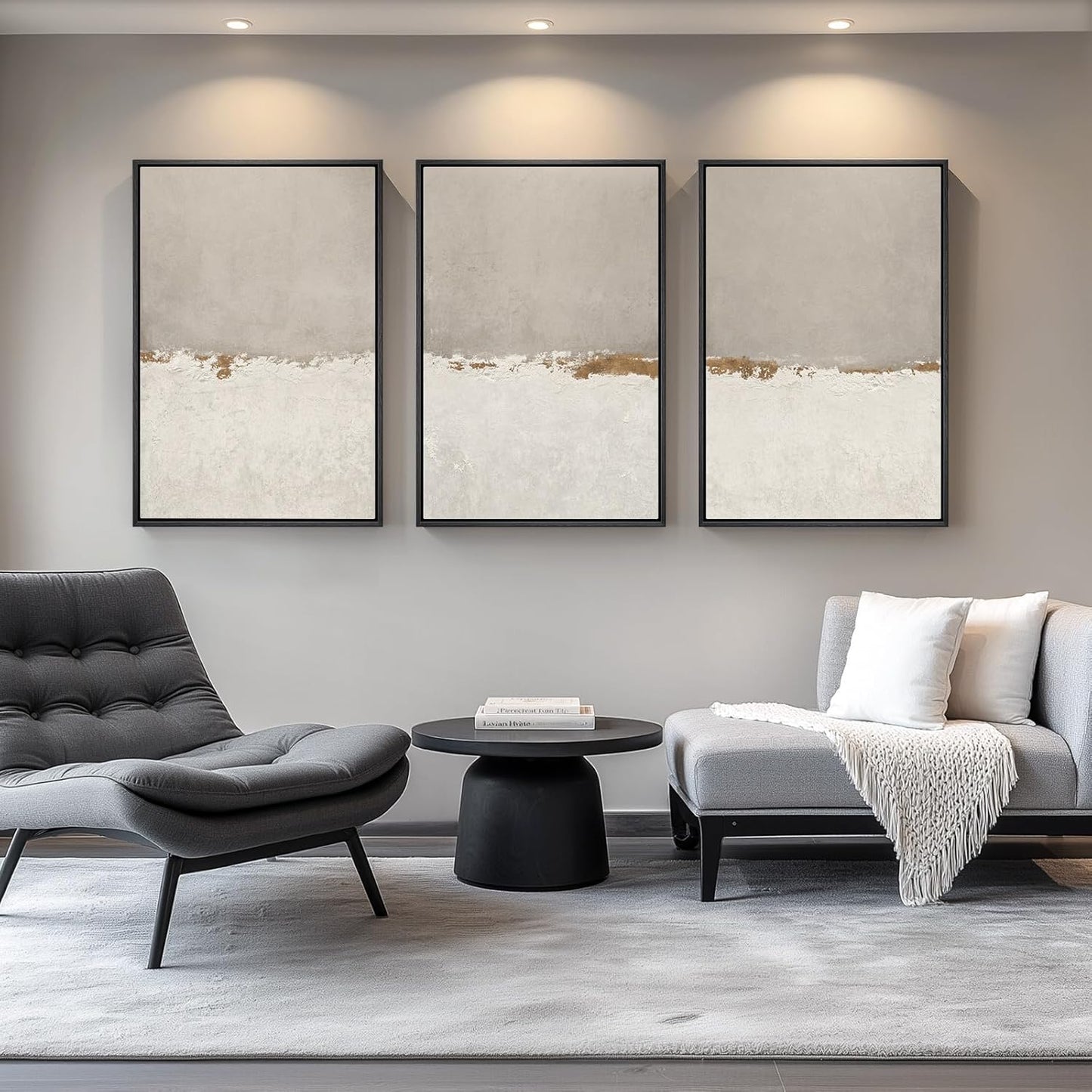 Large Framed Neutral Abstract Wall Art for Living Room, 3 Piece Modern Canvas Prints Paintings Artwork for Walls, Black and Beige Pictures for Living Room Hallway Stair Office Wall Decor 24x36 Inch
