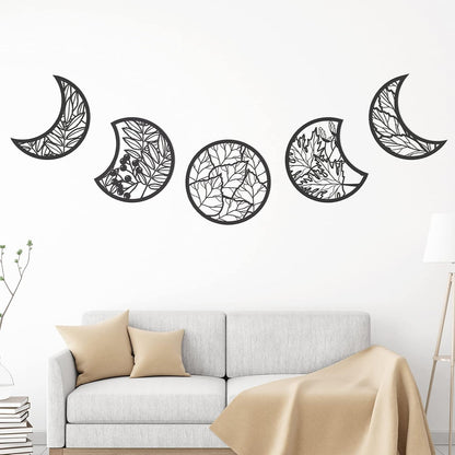 Jetec 5 Pcs Moon Phase Wall Art Decor Wall Pediments Hanging Wooden Phase Spiritual Bedroom Nordic Boho Lunar Aesthetic Art for Living Room Dorm Apartment Ornament(Brown,10.6 Inch,Botanical)