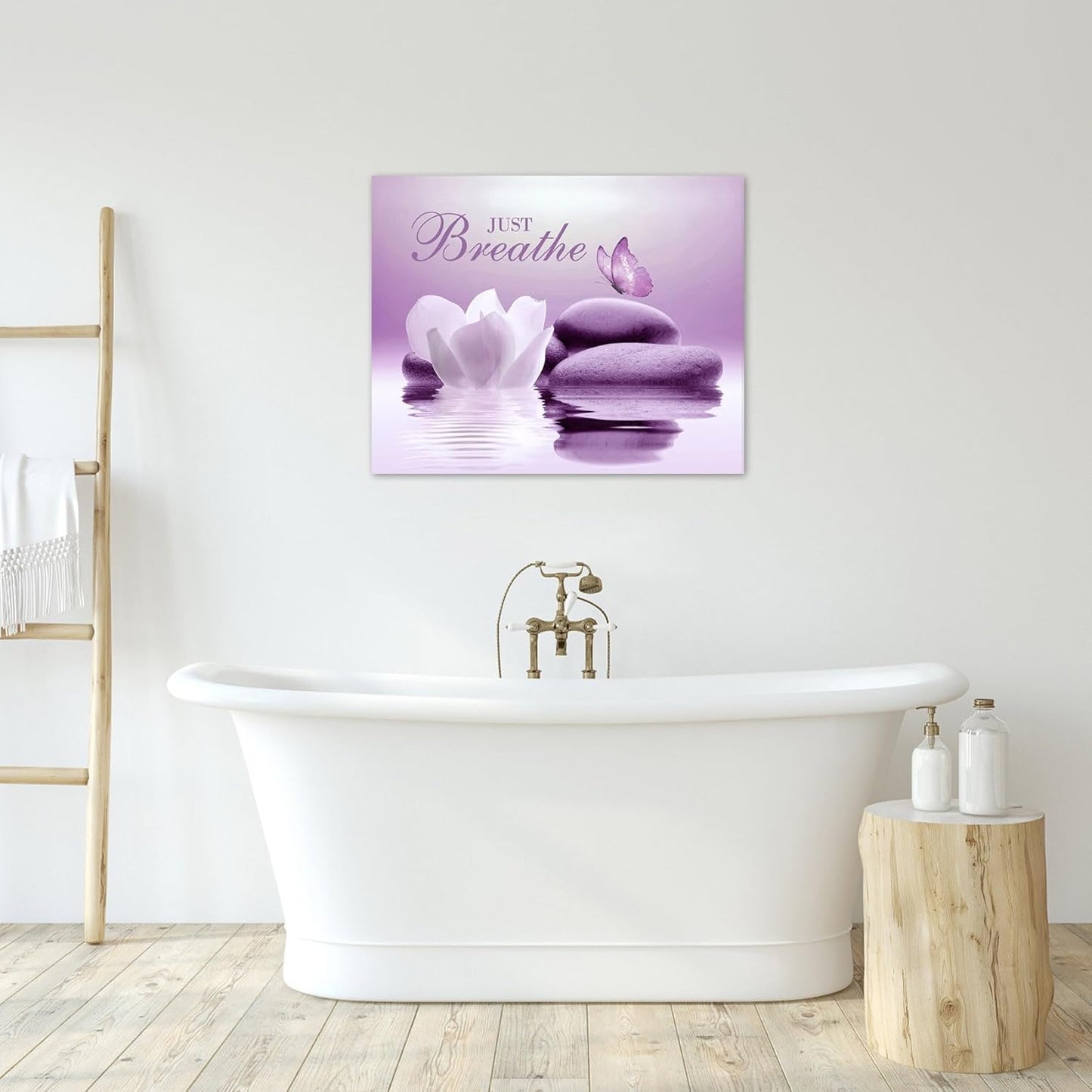 EOBTAIN Zen Flower Canvas Wall Art Bathroom Butterfly and Water Lily Stone Relaxing Spiritual Yoga Framed Wall Art Just Breathe Pictures Canvas Wall Decor for Living Room Bedroom,12x16 Inches