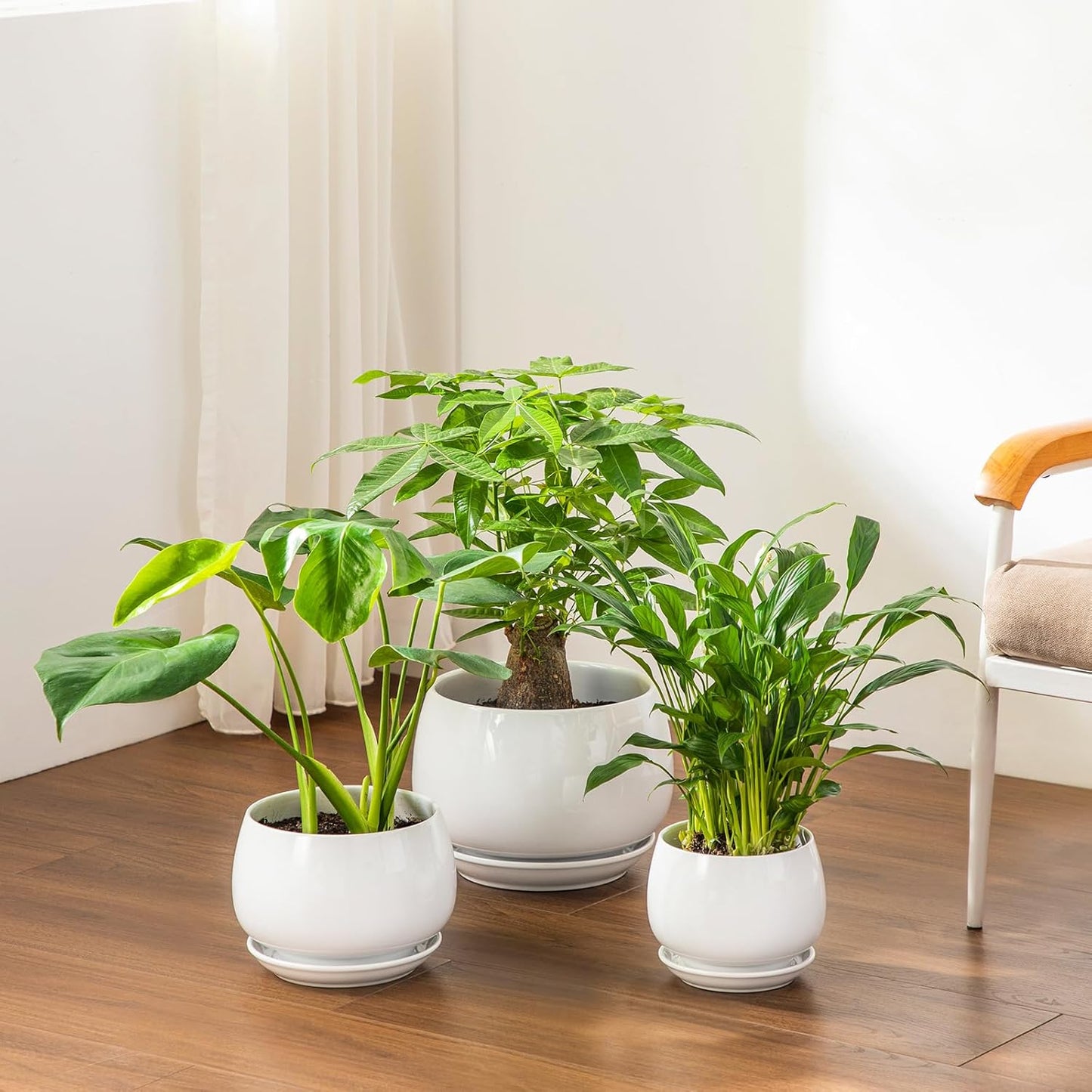vancasso 3-Pack Ceramic Plant Pots, 3.7/4.8/6.2 Inch Indoor Planters with Saucers & Drainage Hole Planter pots for Indoor Plants and Flower, White