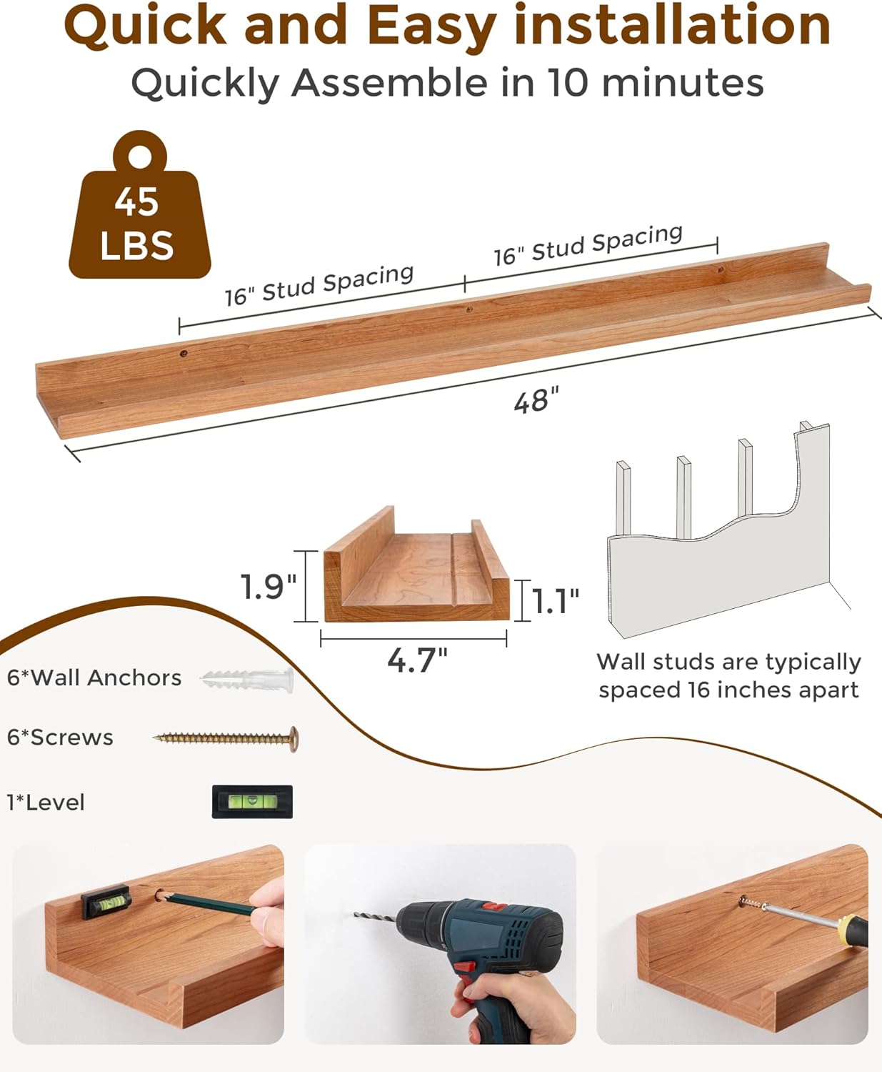Axeman Oak Picture Ledge Shelf, 48 Inch Floating Shelves Set of 2, Solid Oak Wood Wall Shelves with Lip, Wall Decor Storage for Bedroom Living Room Bathroom Kitchen Nursery Photo Picture, Natural Oak