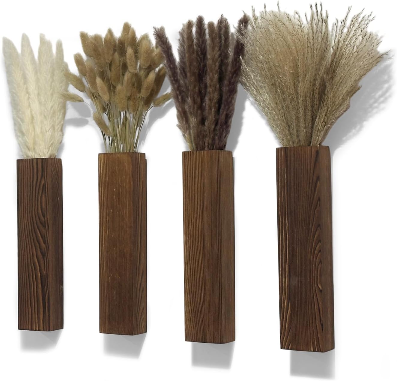 Wooden Wall Planter Set of 4 - Modern Home Decor for Living Room, Bedroom, Bathroom - Walnut Finish Planter for Dried Flowers, Faux Greenery, Indoor Plants