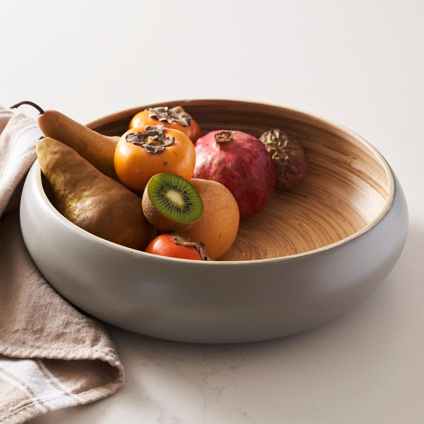 Fruit Bowl for Kitchen Counter – Handmade Spun Bamboo, Large 11.75" Fruit Basket, Eco-Friendly Decorative Serving Bowl for Home Decor, Produce Storage & Centerpiece (Gray)