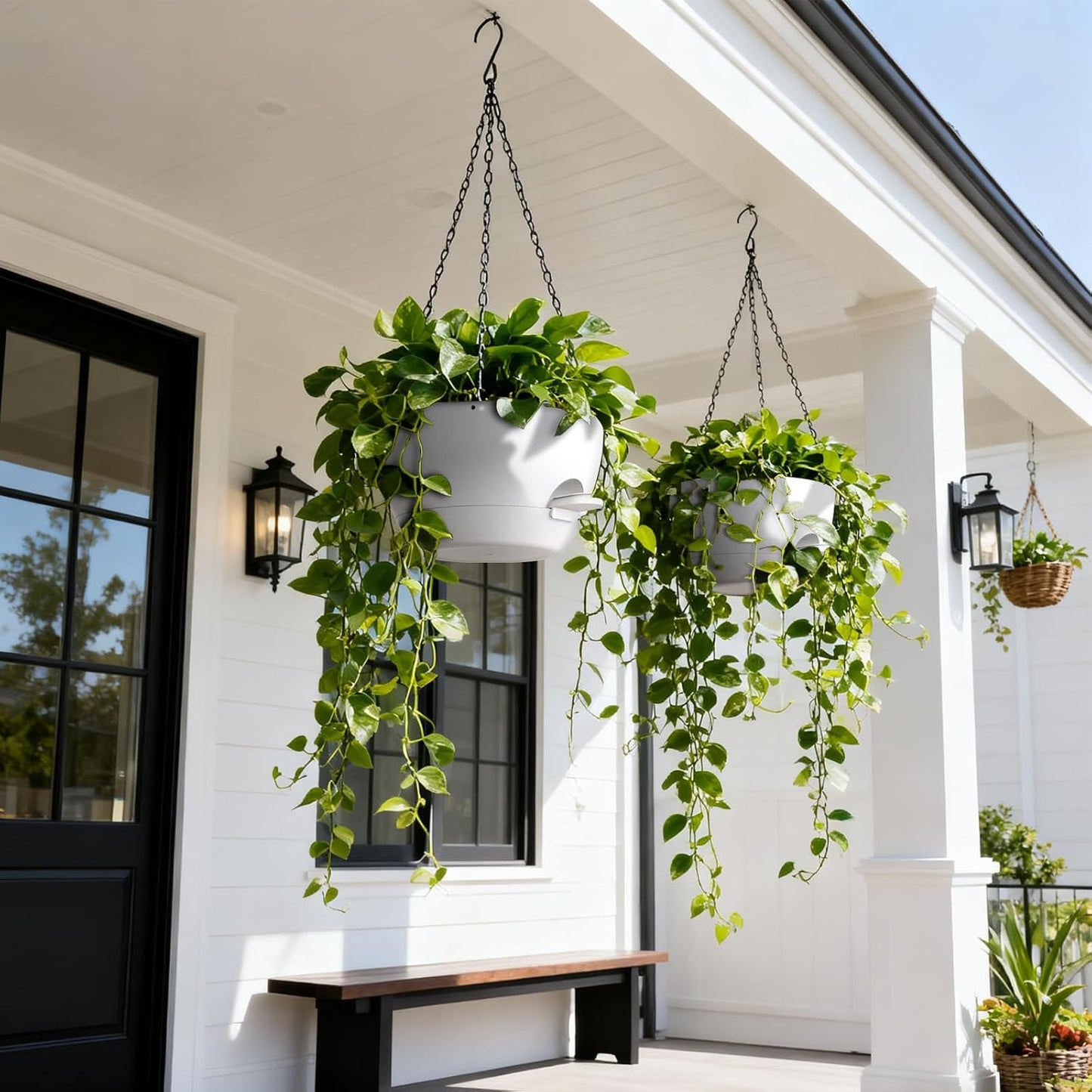 UOUZ 13 Inch 2 Pack Large Self Watering Hanging Planters for Indoor Outdoor Plants, Hanging Plant Pots with Removable 50 Oz Reservoir, Plastic Hanging Basket for Window Porch Garden Balcony, Black